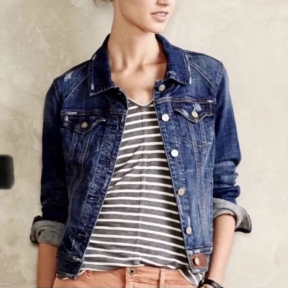 Anthropologie Pilcro & The Letterpress Distressed Blue Denim Jacket Size Medium